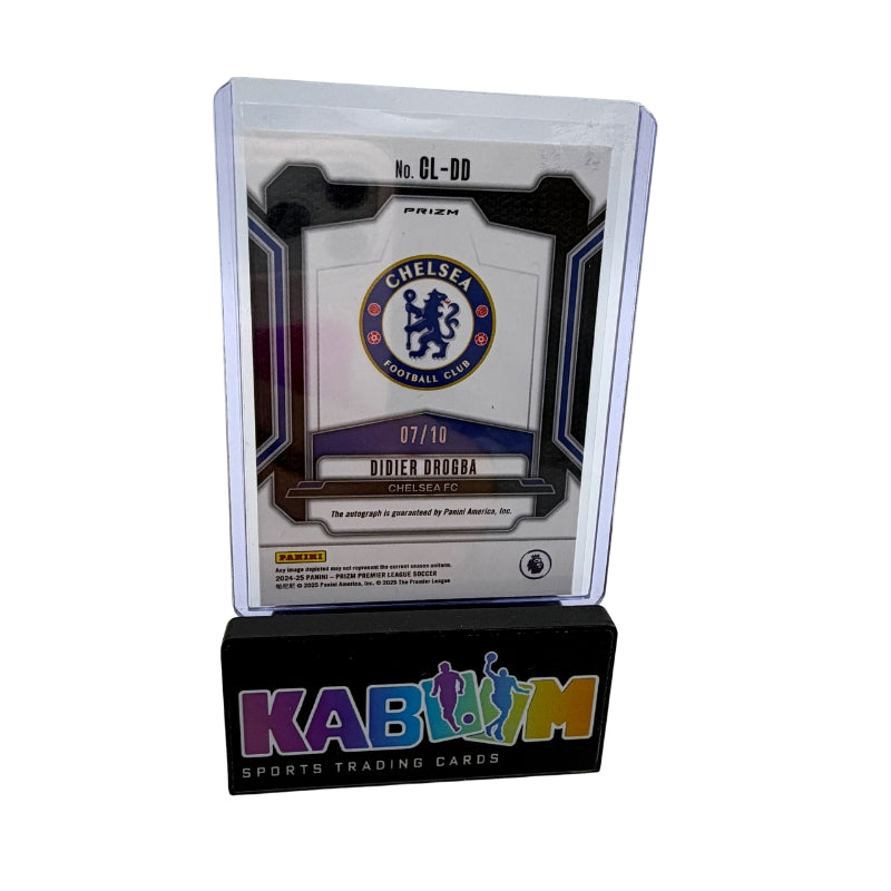 A collectible Panini PRIZM Chelsea football club trading card in a clear protective case, displayed on a black stand with the KABILIM Sports Trading Cards logo.