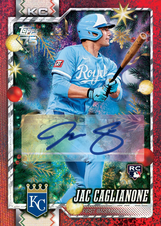 A Topps 2025 Jac Caglianone baseball trading card featuring a festive Christmas-themed background with a player in a light blue Royals uniform holding a bat, a large autograph across the center, and KC and RC logos.