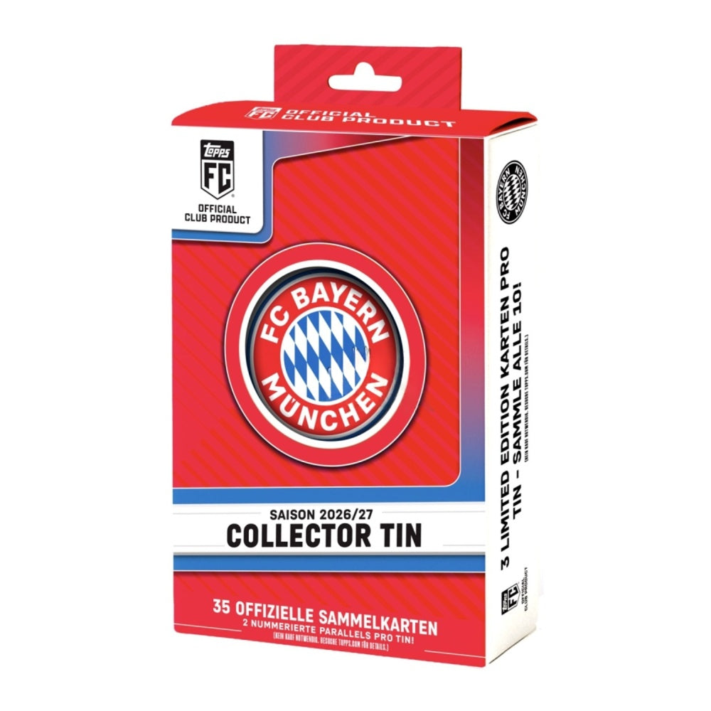 Official FC Bayern Munich 2026/27 Collector Tin packaging, featuring a red and white design with the club's circular logo in the center.