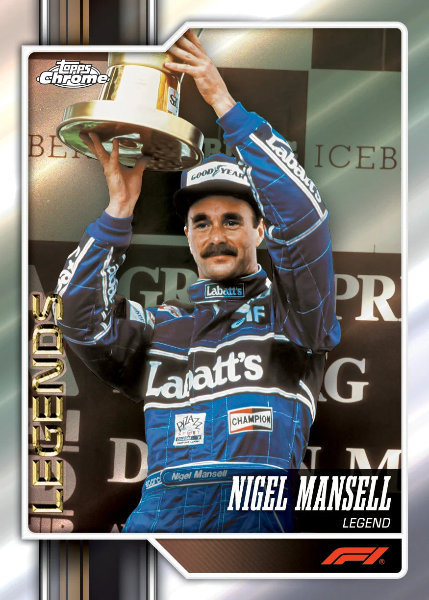 A collectible Topps Chrome racing card featuring Nigel Mansell in a blue and black Laatt's racing suit, holding a trophy on a podium. The card includes a silver border, 'LEGEND' text on the left, and 'NIGEL MANSELL LEGEND' at the bottom.
