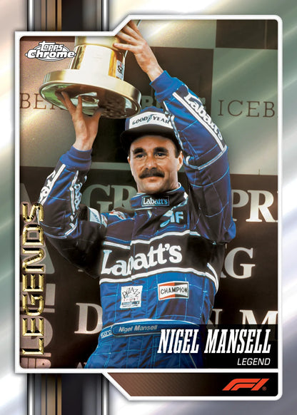 A collectible Topps Chrome racing card featuring Nigel Mansell in a blue and black Laatt's racing suit, holding a trophy on a podium. The card includes a silver border, 'LEGEND' text on the left, and 'NIGEL MANSELL LEGEND' at the bottom.