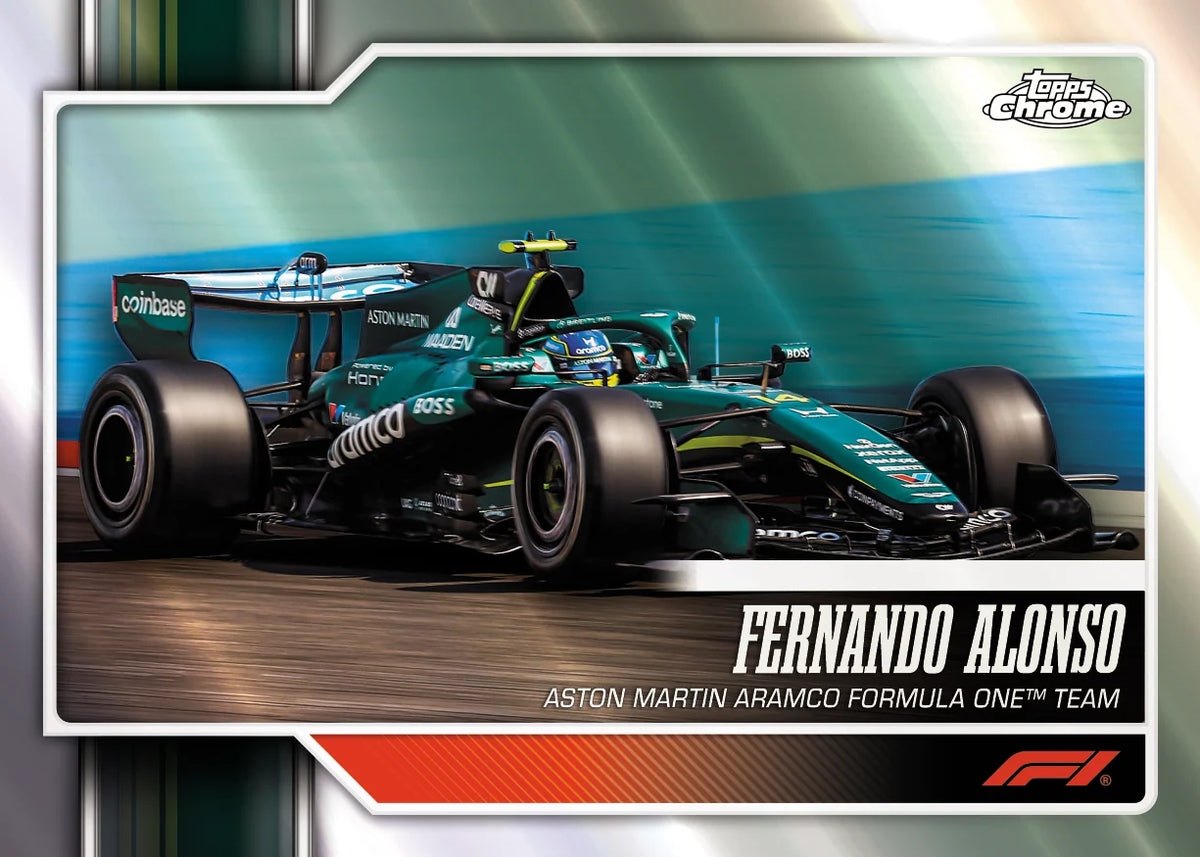 A collectible F1 trading card featuring Fernando Alonso in a teal and black Aston Martin Aramco Formula One car, with team branding and the F1 logo.