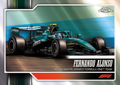 A collectible F1 trading card featuring Fernando Alonso in a teal and black Aston Martin Aramco Formula One car, with team branding and the F1 logo.