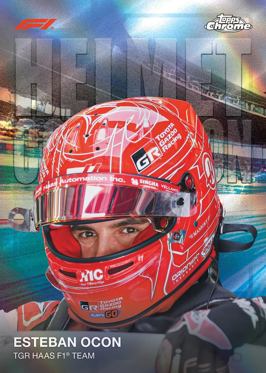 A collectible racing trading card featuring Esteban Ocon in a red Toyota Racing helmet, with the F1 and Teams Chrome logos at the top and his name at the bottom.