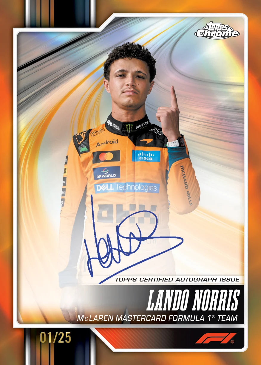 Topps Chrome Lando Norris McLaren Mastercard Formula 1 Team trading card, featuring an autographed photo of Lando Norris in his orange racing suit against a dynamic gold and orange background.