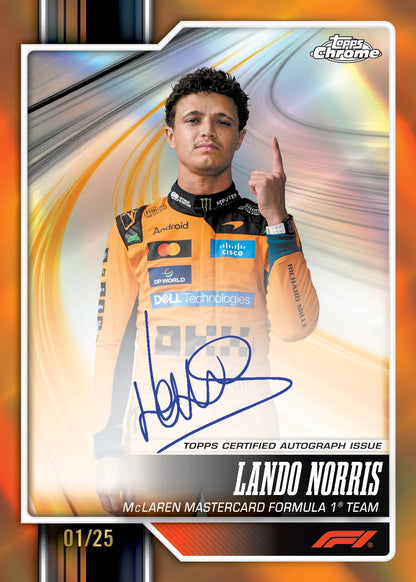 Topps Chrome Lando Norris McLaren Mastercard Formula 1 Team trading card, featuring an autographed photo of Lando Norris in his orange racing suit against a dynamic gold and orange background.