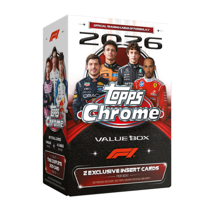 Topps Chrome 2026 Formula 1 Value Box trading card box packaging, featuring prominent portraits of F1 drivers including Carlos Sainz, Oscar Piastri, George Russell, and Max Verstappen on a white, black, and red design.