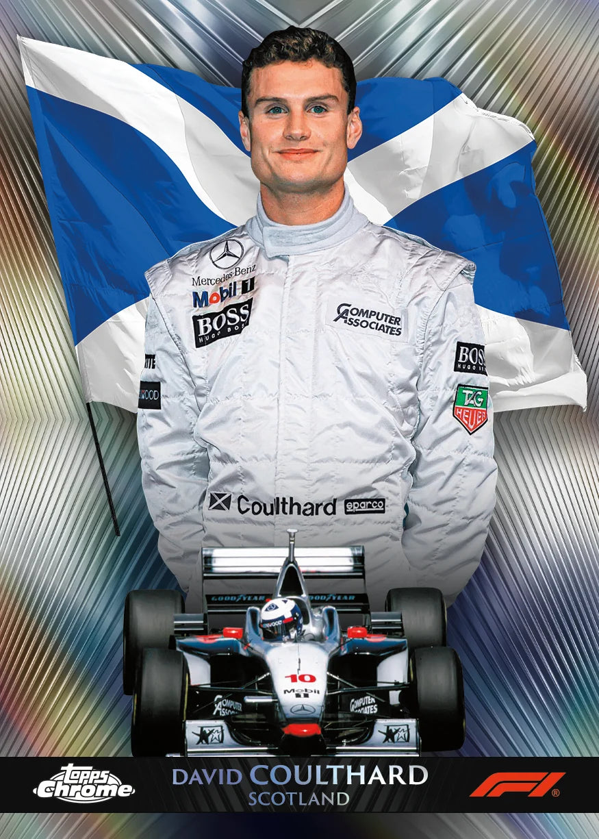 A collectible Topps Chrome sports trading card featuring driver David Coulthard. The card shows a portrait of Coulthard in a white racing suit with sponsor logos, set against a blue and white Scottish flag background, with a Formula 1 car graphic at the bottom.