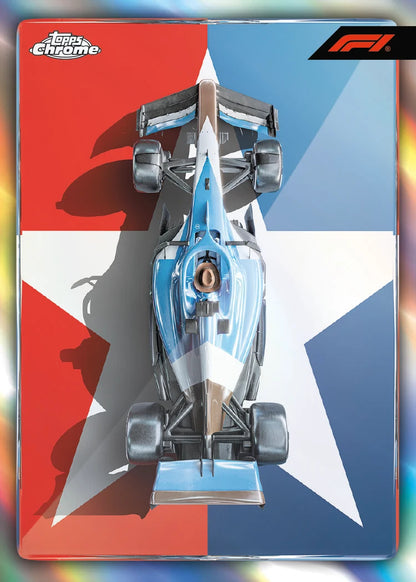 A collectible F1 trading card featuring a top-down view of a light blue and white Mercedes-Christie Racing Formula 1 car. The card has a red, white, and blue star design background with 'James Chrome' and 'F1' logos in the corners.
