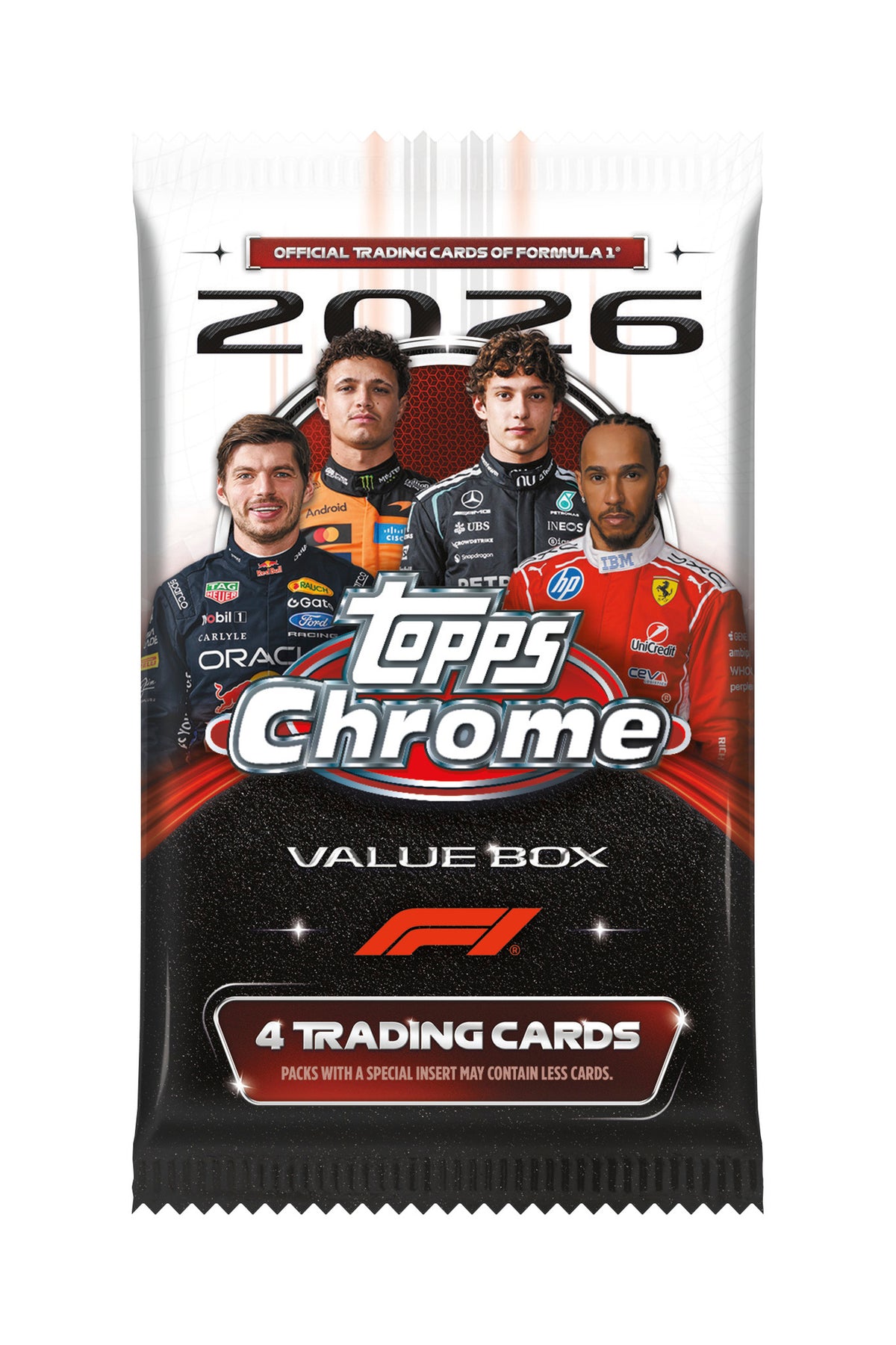 A pack of 2026 Topps Chrome Formula 1 trading cards, featuring images of four racing drivers on the front packaging.