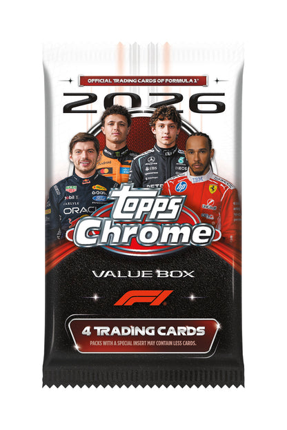 A pack of 2026 Topps Chrome Formula 1 trading cards, featuring images of four racing drivers on the front packaging.