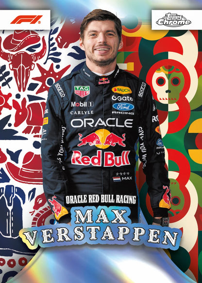 A promotional graphic featuring Max Verstappen in a Red Bull racing suit, set against a colorful, patterned background with F1 and Topps Chrome logos.