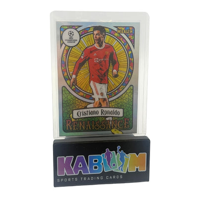 A Cristiano Ronaldo collectible trading card displayed inside a clear protective case, resting on a black KABOOM Sports Trading Cards stand against a plain white background.