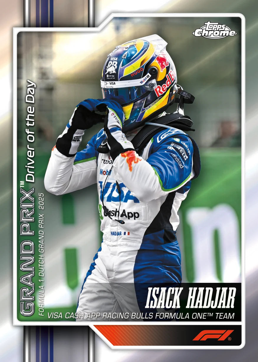 Topps Chrome collectible trading card featuring Isack Hadjar as 'Driver of the Day' from the 2023 Formula 1 Grand Prix of珠海. The card shows a photo of the driver in his racing suit and helmet, with team sponsors like Red Bull and Visa Cash App visible.