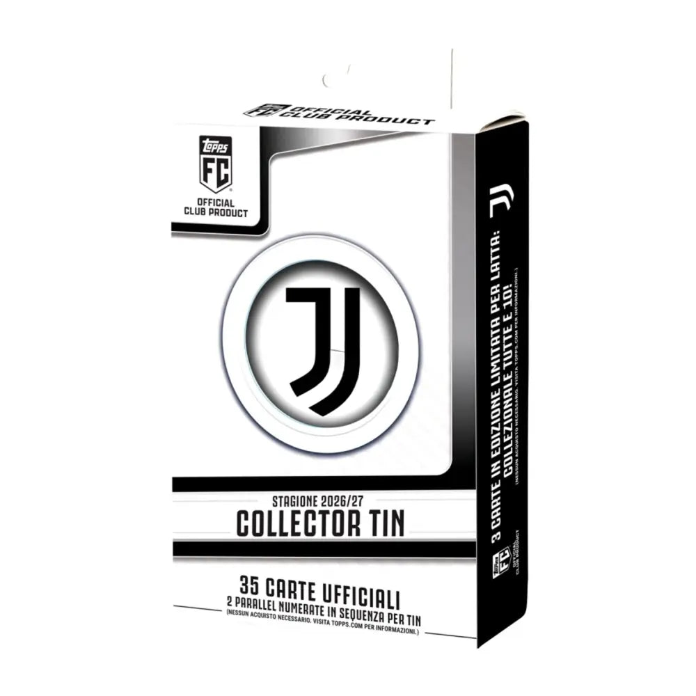Official Juventus FC collector tin packaging box, featuring the club's logo and text for season 2026/27 official cards.