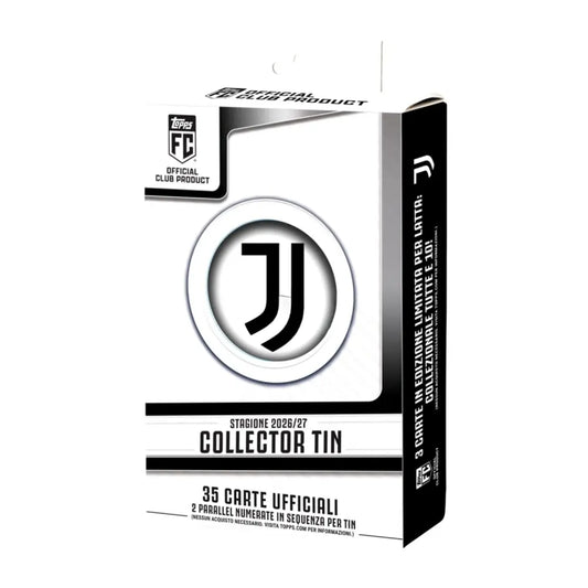 Official Juventus FC collector tin packaging box, featuring the club's logo and text for season 2026/27 official cards.