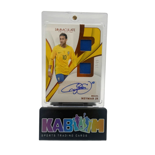 An autographed Neymar Jr. soccer trading card from the 'Unlamlacate Collection' displayed on a black stand branded 'Kaboom Sports Trading Cards'.