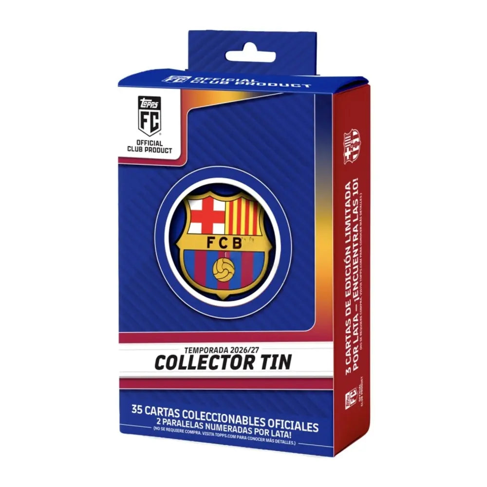 Official FC Barcelona collector tin packaging box, featuring the club crest and 'COLLECTOR TIN' text on a blue and red box with a small hanging tab at the top.