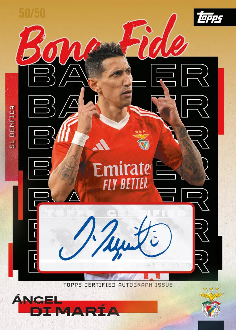 Soccer player in a red jersey with an autograph on a Topps branded card. Angel Di Maria