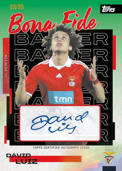 Soccer trading card of David Luiz with branding and text on a green background