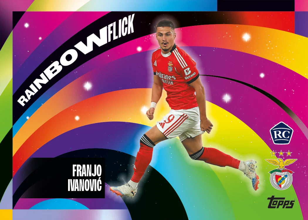 Colorful sports trading card featuring a player in a red jersey with 'Rainbow Flick' branding. Franjo Ivanovic