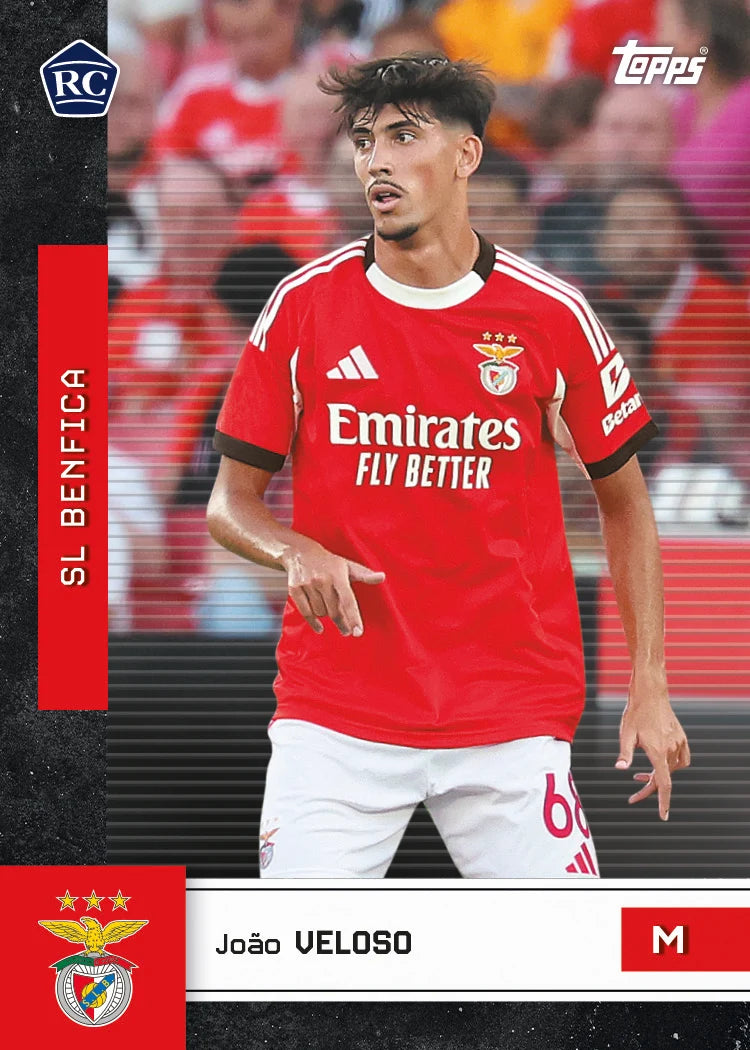 Soccer player in a red jersey with visible branding on a sports card. Joao Veloso