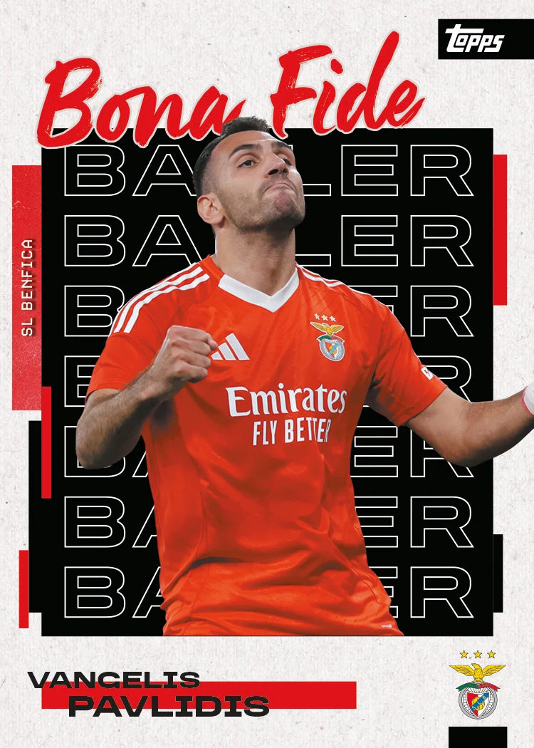 Soccer player in red jersey with visible branding on a promotional card Vangelis Pavlidis