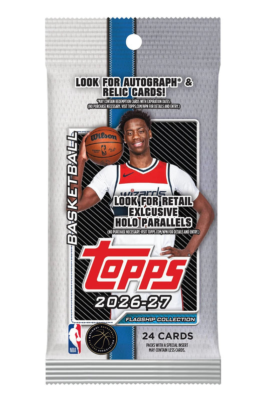 Topps 2026-27 Flagship Collection basketball trading card pack, featuring a Wizards player graphic and the prominent red Topps logo on a white and blue pack design.
