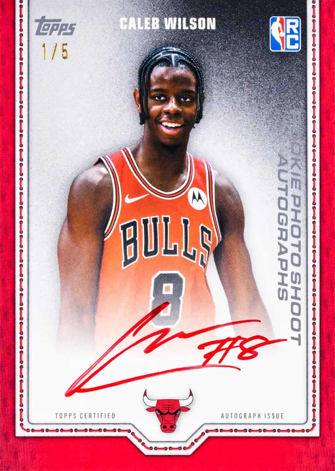 Topps Caleb Wilson autograph basketball trading card featuring a photo of the player in a Chicago Bulls jersey, with a red border and Topps branding.