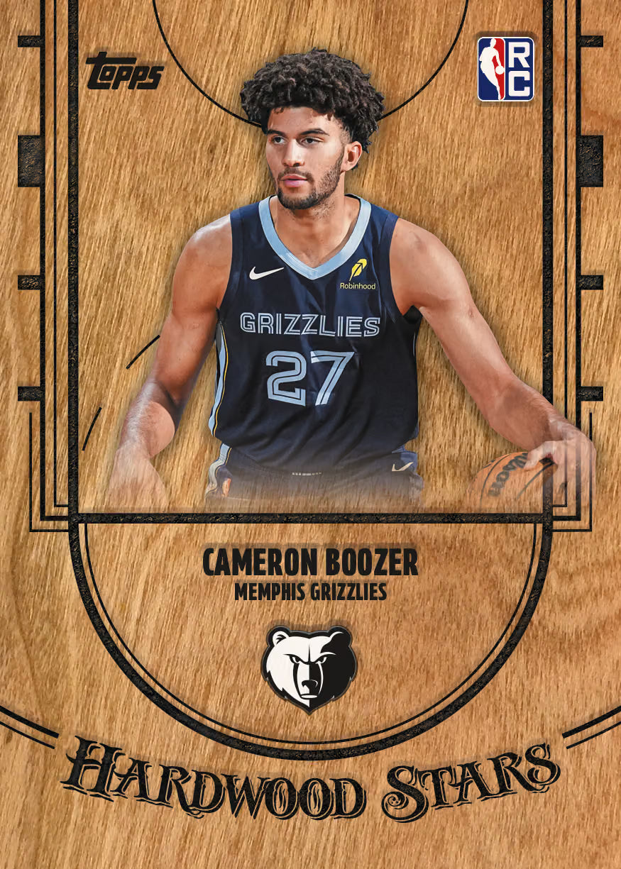 Topps Hardwood Stars Cameron Boozer trading card featuring a basketball player on a wood court background with Topps and NBA logos.