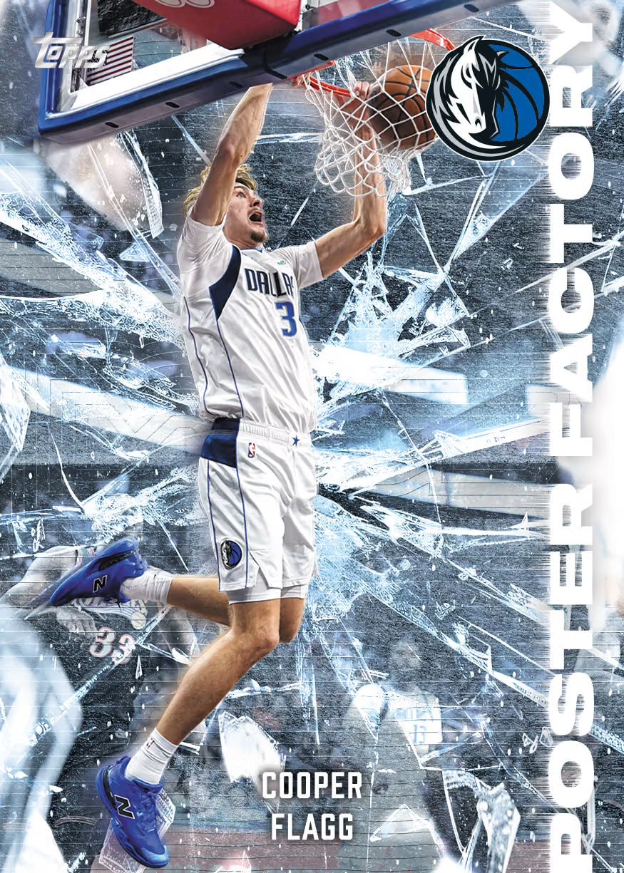 A basketball trading card or poster featuring Cooper Flagg in a white Orlando uniform mid-dunk, with a shattered-glass graphic effect, Dallas Mavericks logo, and vertical 'Poster Factory' text.