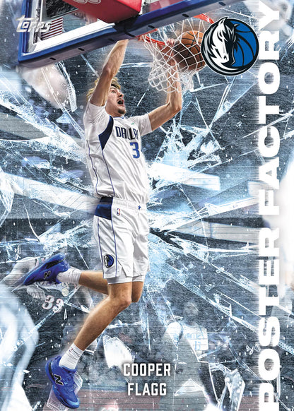 A basketball trading card or poster featuring Cooper Flagg in a white Orlando uniform mid-dunk, with a shattered-glass graphic effect, Dallas Mavericks logo, and vertical 'Poster Factory' text.