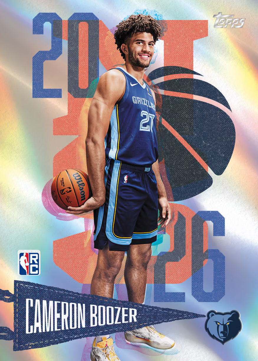 Topps Cameron Boozer basketball trading card featuring a full-body portrait of the player in a blue Memphis Grizzlies jersey, holding a basketball against a colorful graphic background with '2026' and his name.