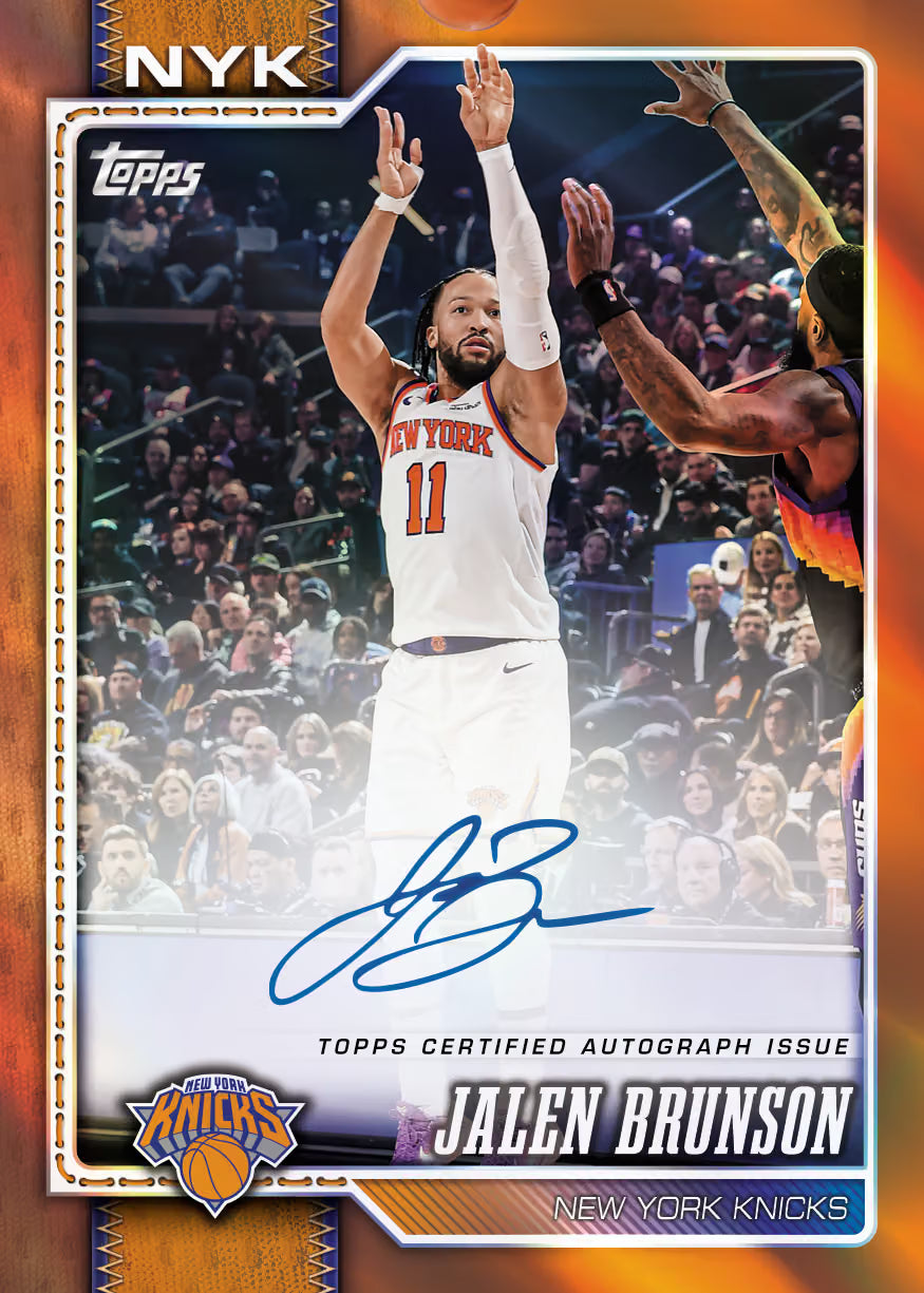 A Topps Jalen Brunson New York Knicks trading card featuring a photo of Brunson in a white Knicks jersey mid-game, with an autograph printed in blue ink and the card border labeled NYK and Topps.