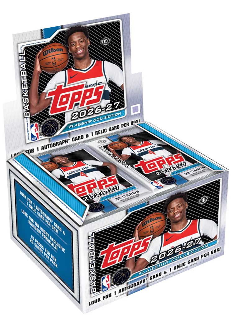 Topps 2026-27 Basketball Flagship Collection trading card box display with multiple sealed card packs visible inside, shown on a clean white background.