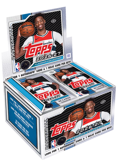 Topps 2026-27 Basketball Flagship Collection trading card box display with multiple sealed card packs visible inside, shown on a clean white background.