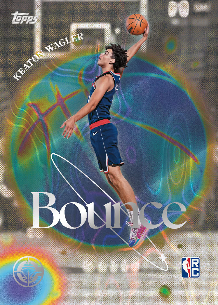 Topps basketball trading card featuring Keaton Wagler in a blue uniform mid-jump with a basketball, set over a colorful rainbow circular graphic with the word 'Bounce' and Topps/NBA branding.