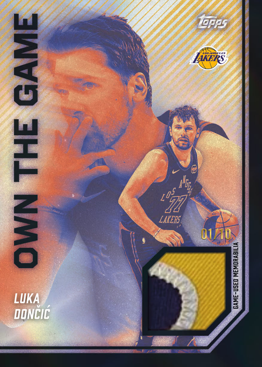 Topps Luka Dončić Los Angeles Lakers trading card featuring a game-worn jersey patch in the lower right corner and a vertical text overlay reading 'OWN THE GAME'.