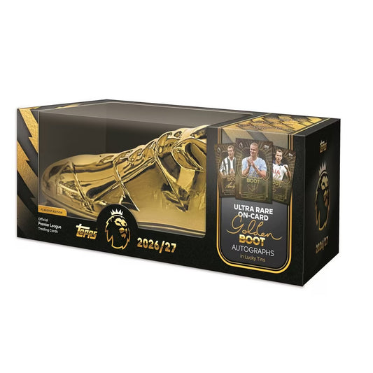 Topps 2024/25 Jim Boot Ultra Rare On-Card Autographs trading card box, featuring a large gold boot graphic and player photo panels on the front and side.