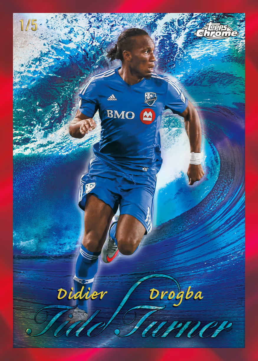 A collectible soccer trading card featuring Didier Drogba in a blue Vancouver club jersey, set against a stylized blue wave background with a red border and Topps Chrome branding.