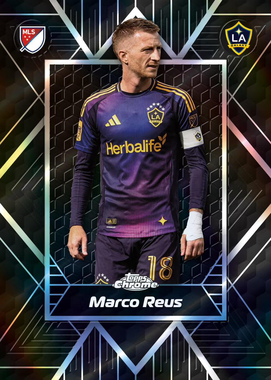 A collectible soccer trading card featuring Marco Reus of LA Galaxy in a purple and gold Adidas jersey, with MLS and LA Galaxy team logos at the top and a Topps Chrome logo at the bottom.