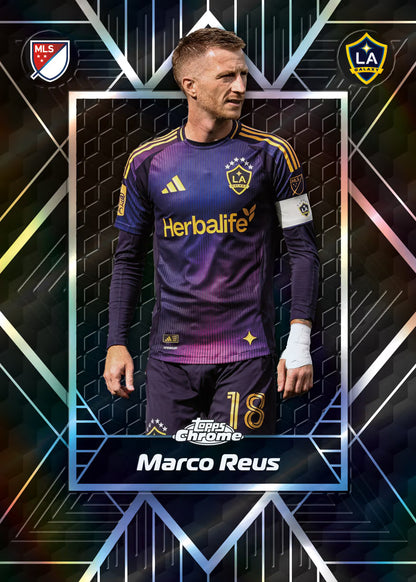 A collectible soccer trading card featuring Marco Reus of LA Galaxy in a purple and gold Adidas jersey, with MLS and LA Galaxy team logos at the top and a Topps Chrome logo at the bottom.