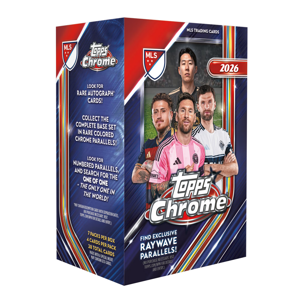 Topps Chrome 2026 MLS trading cards booster box featuring photos of soccer players on the front and product details on the side panels, shown on a plain white background.