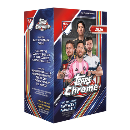 Topps Chrome 2026 MLS trading cards booster box featuring photos of soccer players on the front and product details on the side panels, shown on a plain white background.