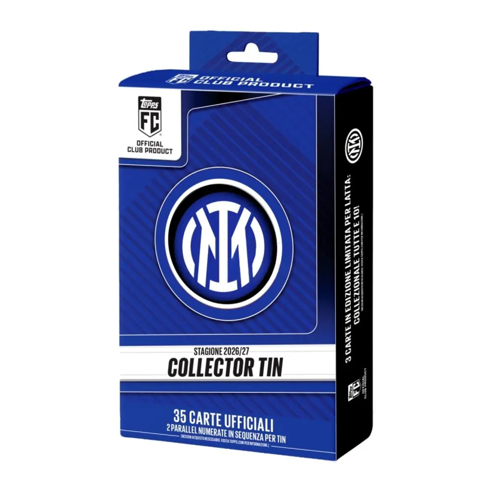 Official Inter Milan collector tin packaging box, featuring the club's blue and white logo, with Italian text indicating it contains 35 official cards.