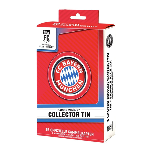 Official FC Bayern Munich 2026/27 Collector Tin packaging, featuring a red and white design with the club's circular logo in the center.