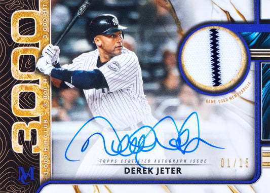 A collectible baseball trading card featuring Derek Jeter in a white pinstripe uniform, with a gold '3000' edition border, a circular game-used jersey swatch, and a blue autograph near the bottom.