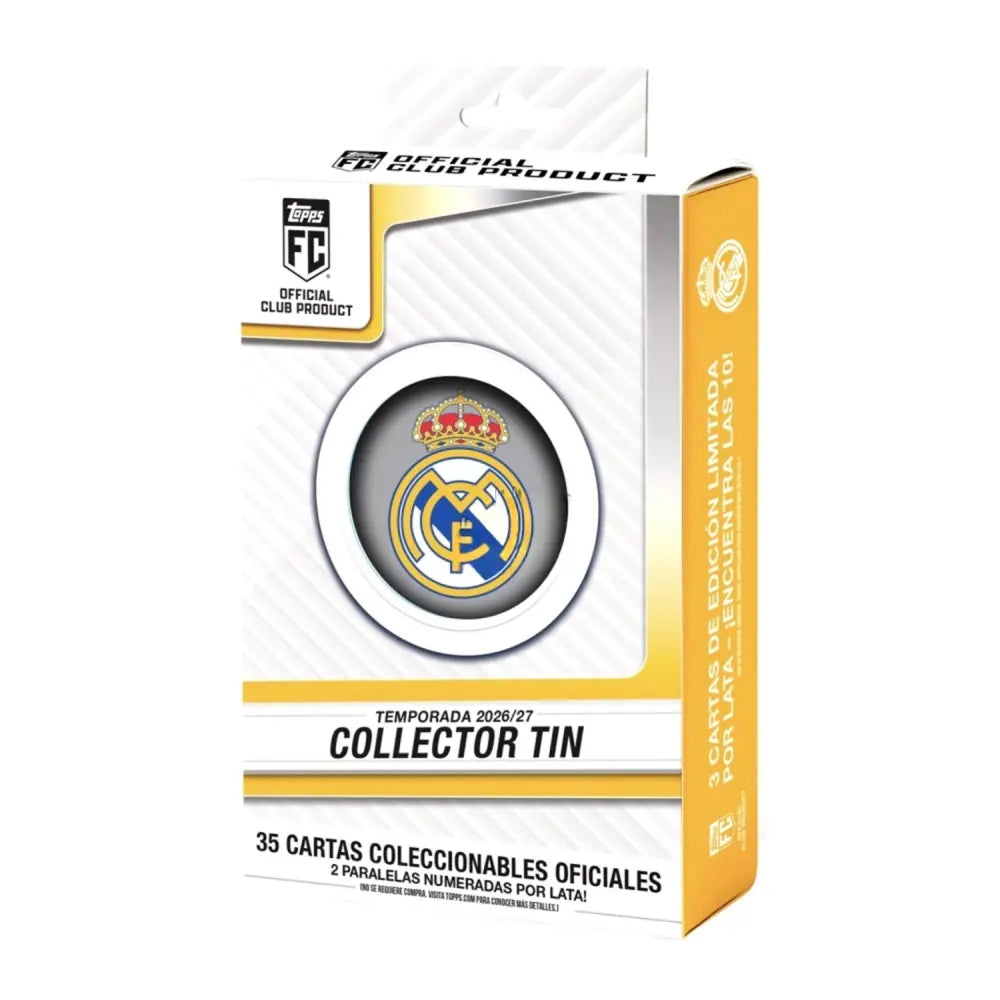 Pre-order Topps Real Madrid Collector Tin 2027! Discover 35 cards, including 2 numbered cards, featuring Real Madrid stars, rising rookies and club legends.